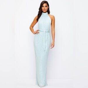 NWT Ieena Mac‎ Duggal 11281 Aqua Sequin Halter Maxi Dress Sz 2